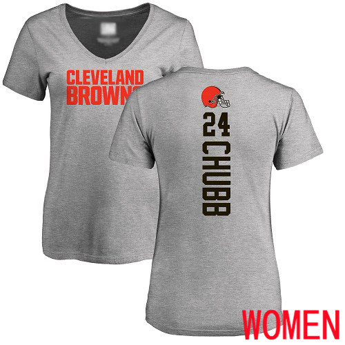 Cleveland Browns Nick Chubb Women Ash Jersey #24 NFL Football Backer V-Neck T Shirt